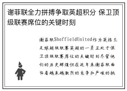谢菲联全力拼搏争取英超积分 保卫顶级联赛席位的关键时刻