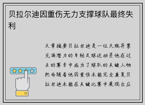 贝拉尔迪因重伤无力支撑球队最终失利