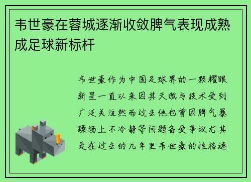 韦世豪在蓉城逐渐收敛脾气表现成熟成足球新标杆