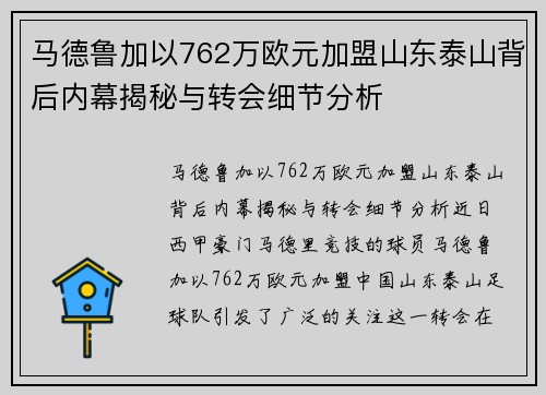 马德鲁加以762万欧元加盟山东泰山背后内幕揭秘与转会细节分析